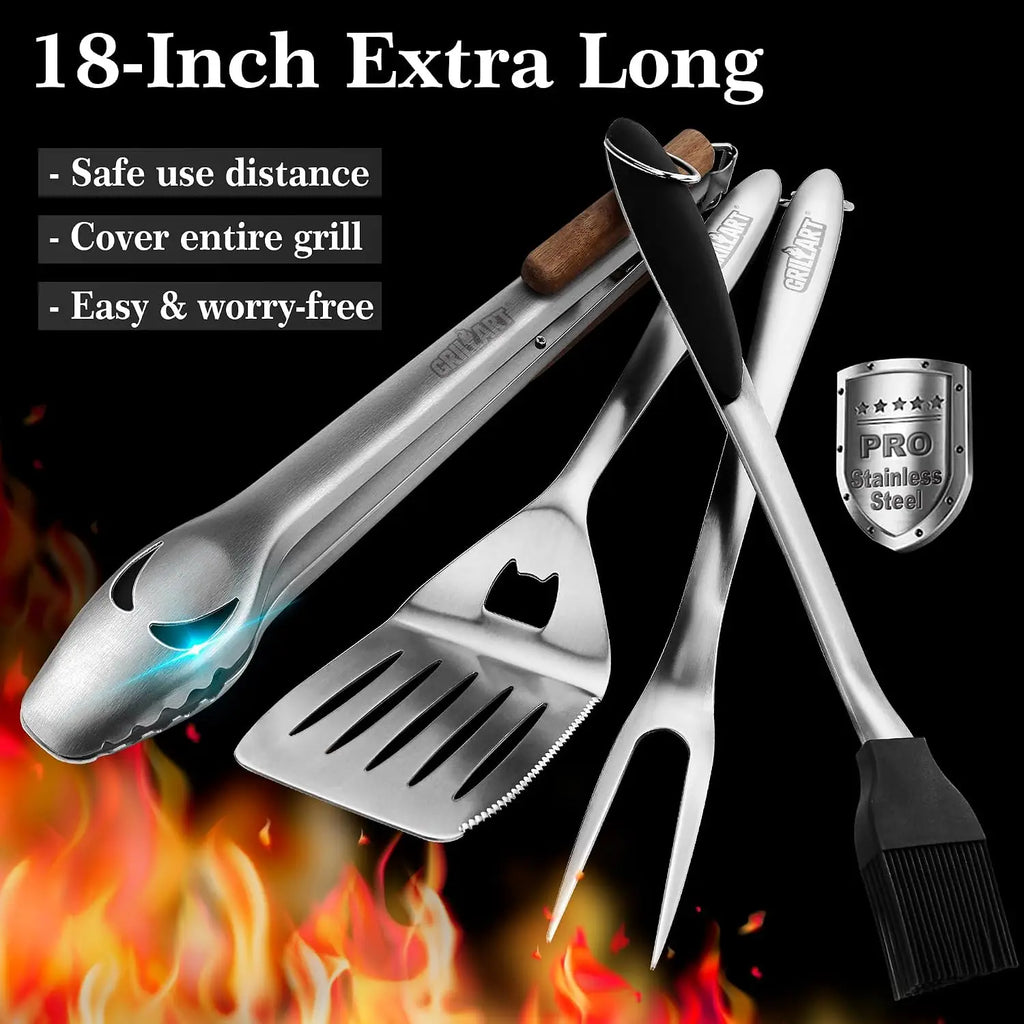18-Inch Stainless Steel BBQ Tools Set - 4-Piece Grilling Kit with Tongs, Spatula, Fork & Brush