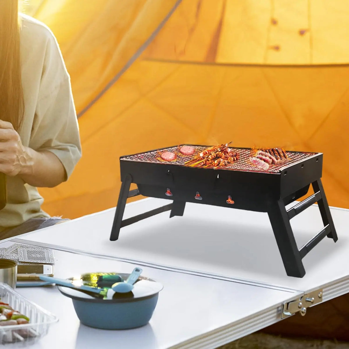 Portable Foldable Tabletop Charcoal BBQ Grill 17x12 Inch Lightweight Barbecue Grill Set With Grilling Tools For Camping Picnic Garden RV Backyard Outdoor Travel