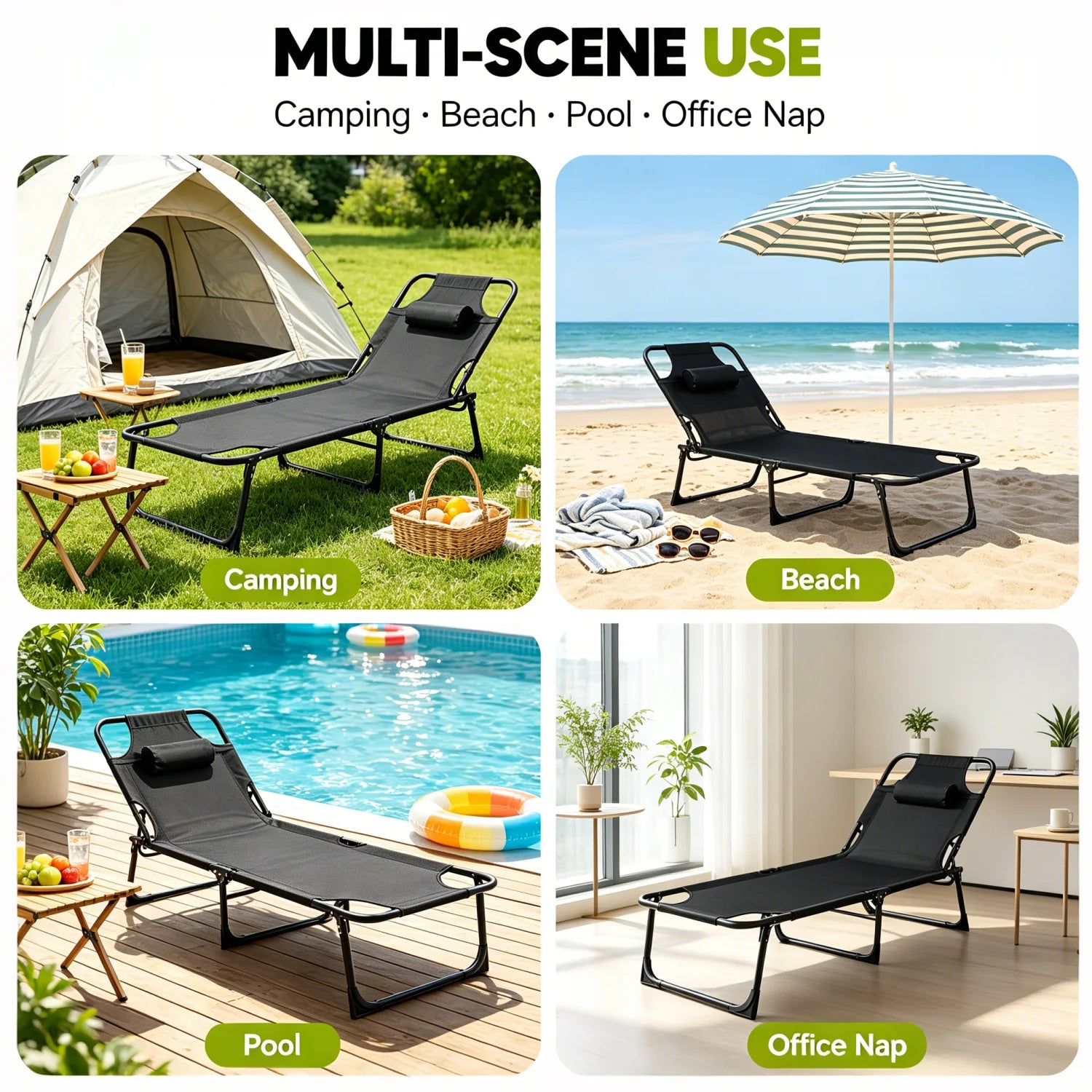 70''L*22''W Folding Camping Lounge Chair Portable Tanning Recliner Chair with Adjustable Backrest and Headrest Pillow Outdoor Sun Lounger for Beach Pool Patio Office Nap