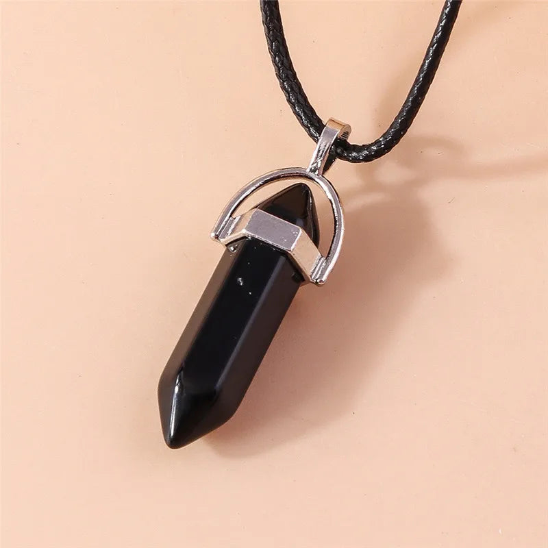 Stone Quartz Gem, Pink Crystal Stone Hexagonal Column Pendant, Necklaces, Leather Chain Bullet Necklace