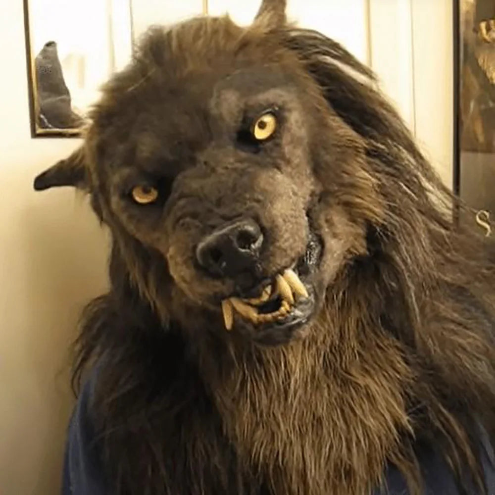 Hot‑selling Animal Latex Simulated Wolf Head Mask Hood with Brown Hair, Halloween Cosplay Mask for Adults