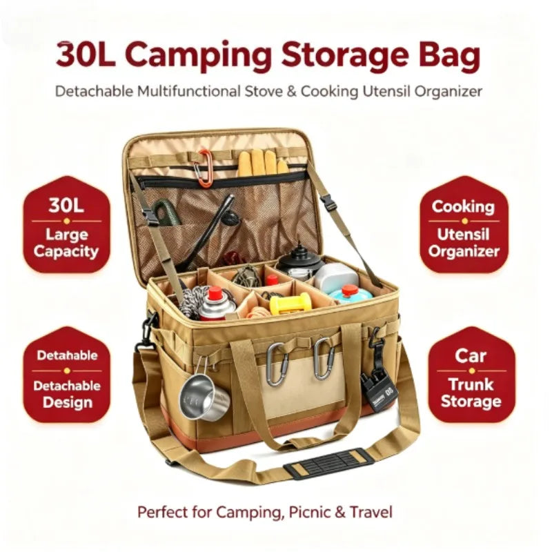 30L Large Capacity Camping Storage Bag, Detachable Camping Stove Case, Car Trunk Cooking Utensil Organizer
