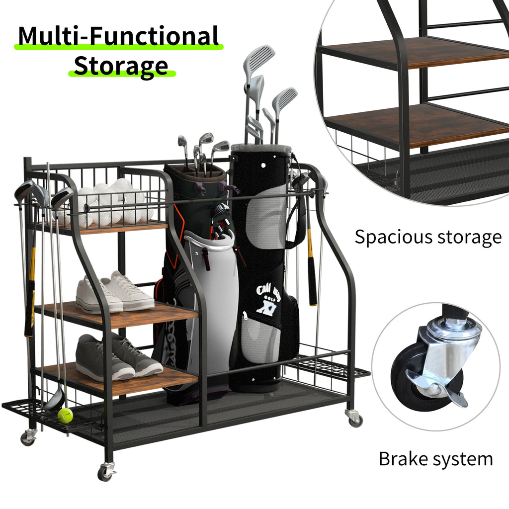 Rolling Golf Storage Rack Garage Organizer Metal Sports Equipment Shelves with Lockable 360° Wheels