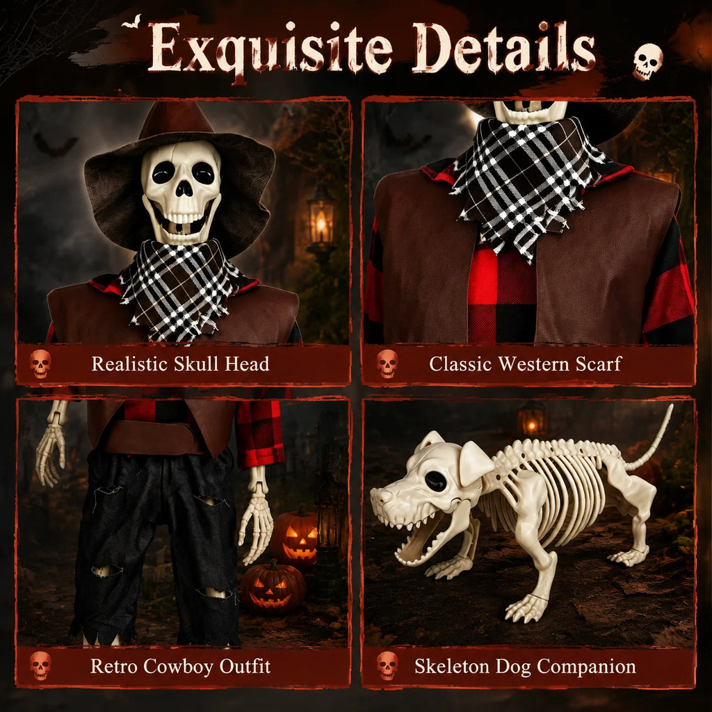 36" Halloween Skeleton Decorations, Posable Skeleton & Dog Outdoor Decor Creepy Halloween Western Cowboy Themed Set, Plastic Skeleton Featuring Movable Joints, Indoor Outdoor Yard & Party Decor