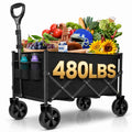 Collapsible Folding Wagon Cart, 480 lbs Heavy Duty Utility Wagon with Large Wheels, Adjustable Pull Handle and Side Cup Holders, Portable Garden Cart for Shopping, Camping, Sports Gear and Outdoor Use