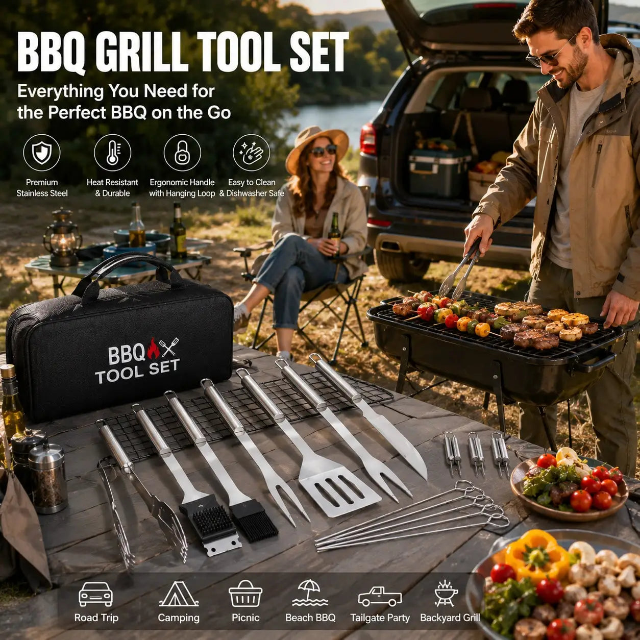 6Pcs Heavy Duty Stainless Steel Outdoor BBQ Grill Accessories Kit Premium Durable Grilling Utensil Set Perfect for Backyard Camping Picnic Tailgating Outdoor Barbecue Cooking Tools