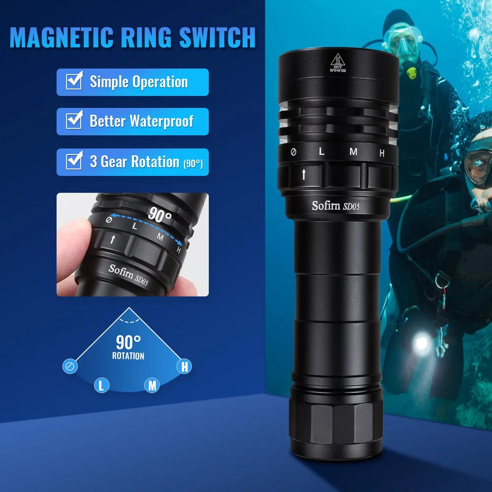 SD05 Scuba Diving Flashlight XHP50.2 Super Bright 3000lm 21700 Battery Dive Torch with Magnetic Switch 5000K 6500K