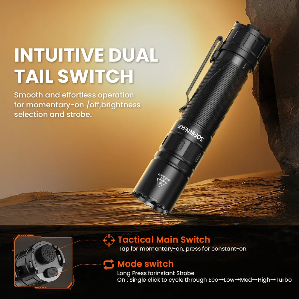 Tactical Rechargeable 6000K Flashlight 3000 High Lumen Pocket 21700 LED with Dual Tail Switches
