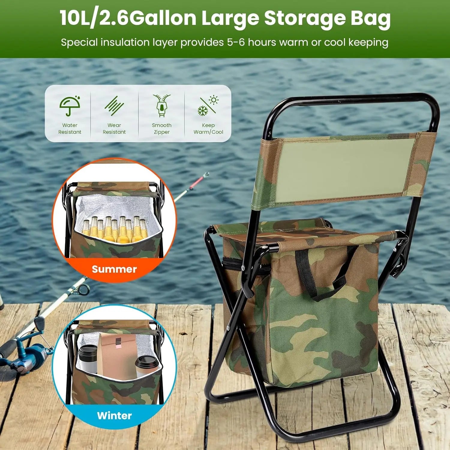 Portable Foldable Fishing Chair with Cooler Bag, Lightweight Folding Camping Chair, Outdoor Backrest Stool for Camping Hunting Fishing Hiking（Camouflage）