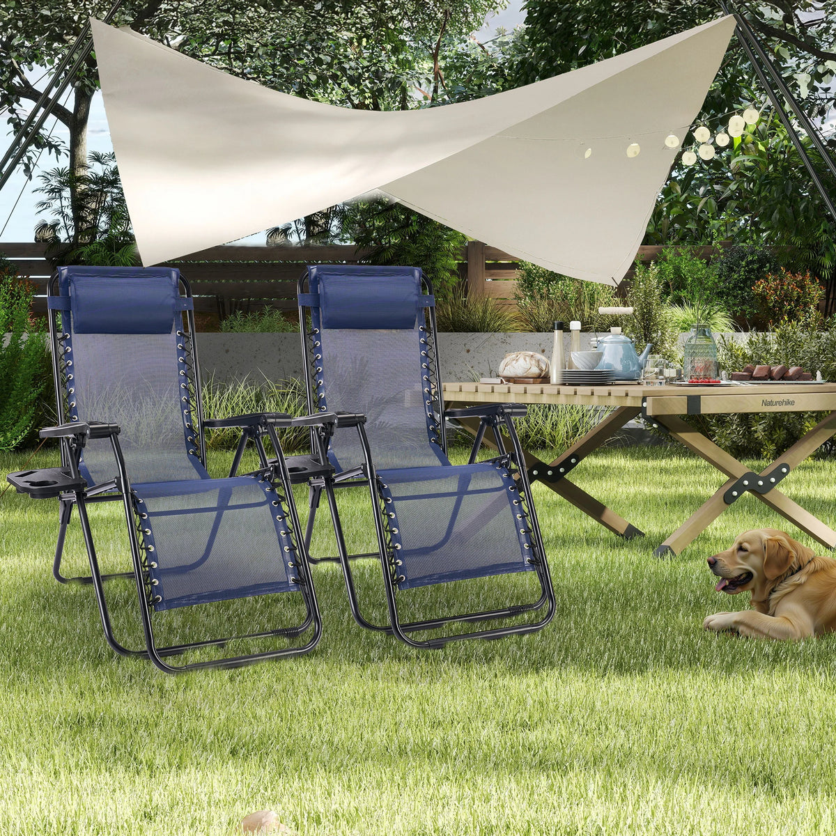 Portable Zero Gravity Recliner Chairs Set of 2 Outdoor Garden Folding Lounge Chair with Cup Holder Trays Adjustable Pillow