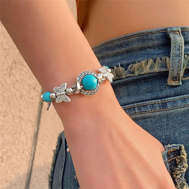 Vintage Silver Turquoise Bead Bracelet for Women Butterfly Charm Round Stone Wrist Chain Bohemian Fashion Jewelry Gift