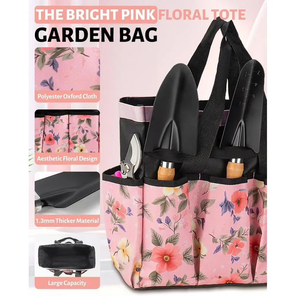 5-Piece Pink Gardening Tool Set with Floral Bag