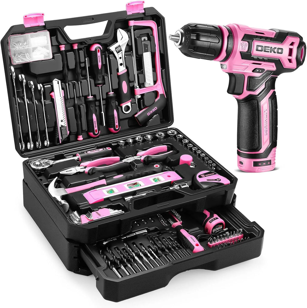 Home Toolbox with 12V Power Cordless Drill, Repair Tools, Case, Pink