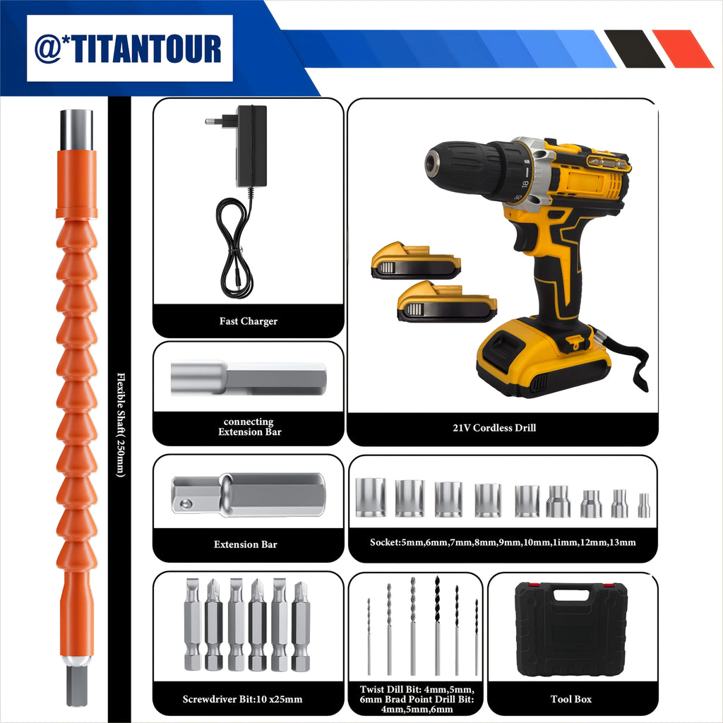 24-Piece Set Dual-Speed Dual-Battery Charger Lithium Drill Kit with LED Light And Carry Case - Electric Screwdriver with Tool Bo