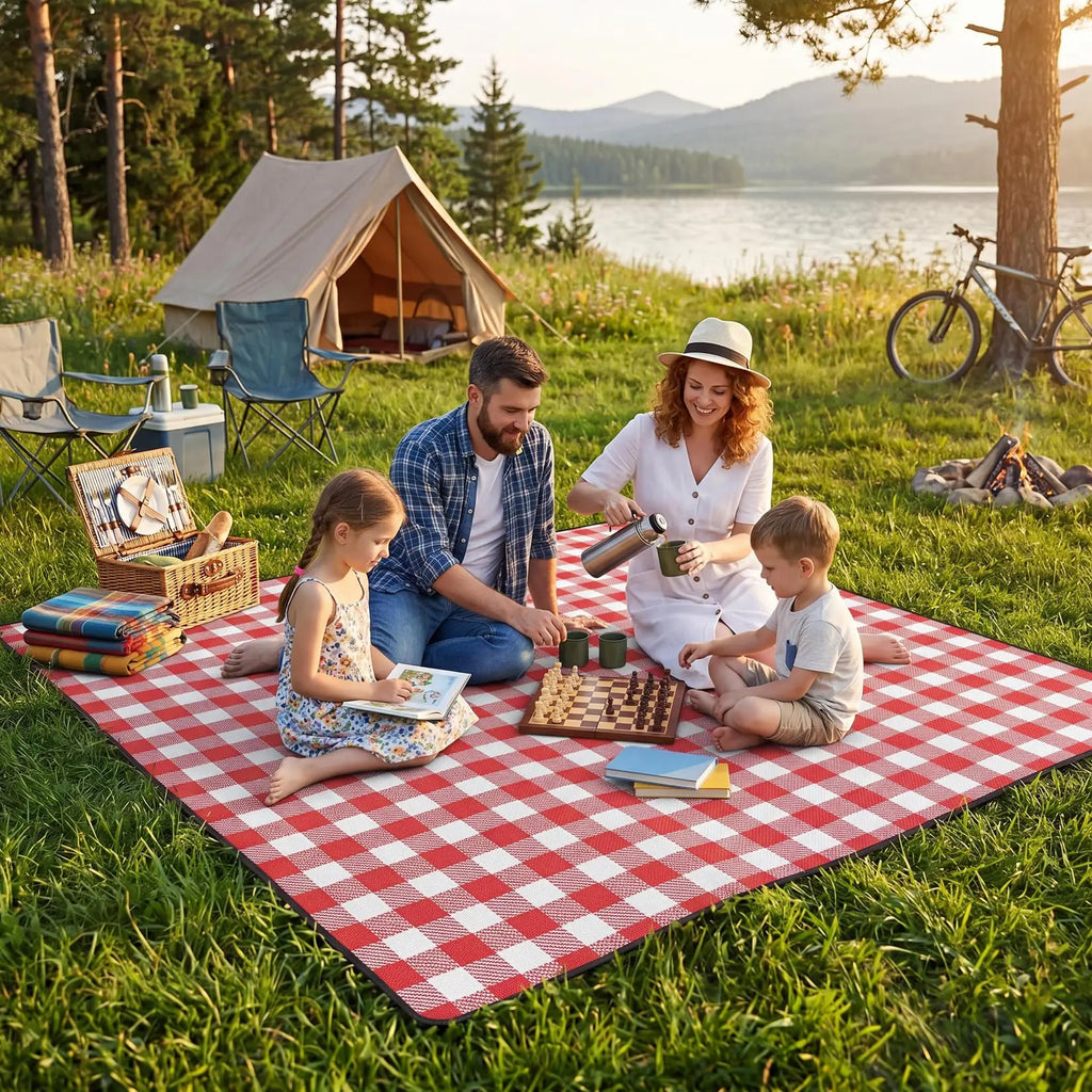 Extra Large Waterproof Picnic Blanket 79x79 Inch 3 Layer Sandproof Outdoor Mat With Soft Acrylic Top And TPU Backing Portable For Beach Park Camping Lawn Red White Checkered