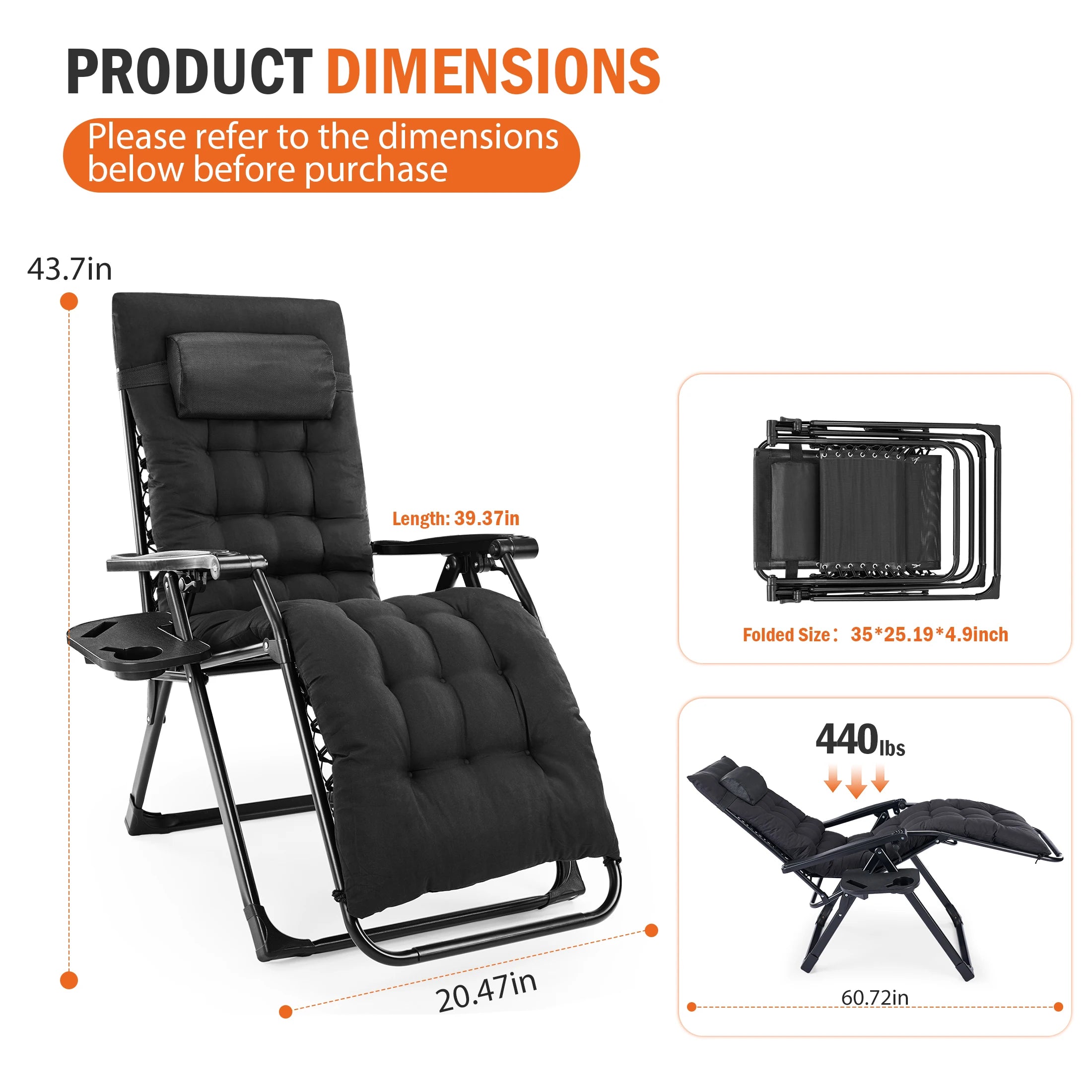 Zero Gravity Reclining Camping Lounge Chair for Outdoor Soft Cushion Patio Chairs with Cup Holder Trays and Removable Cushion Folding Recliner for Indoor