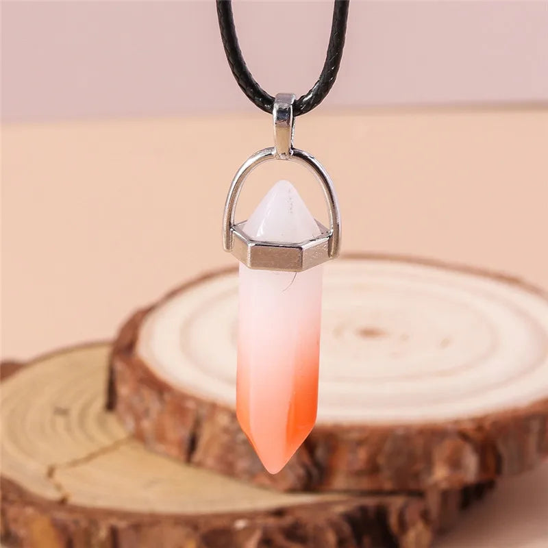 Stone Quartz Gem, Pink Crystal Stone Hexagonal Column Pendant, Necklaces, Leather Chain Bullet Necklace