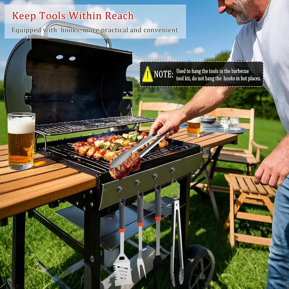Premium 15-Piece BBQ Grilling Set with Tongs, Skewers, Stainless Steel Utensils, Hooks, and Storage Bag for Outdoor Cooking and