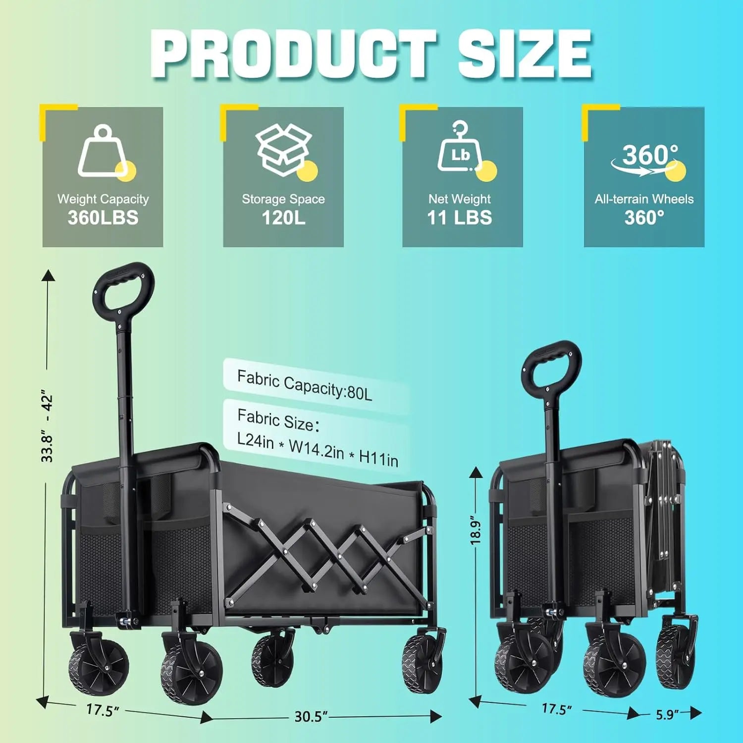 Collapsible Wagon Cart with Wheels Foldable - 360LBS Heavy Duty Folding Utility Wagon for Beach Camping Grocery Shopping
