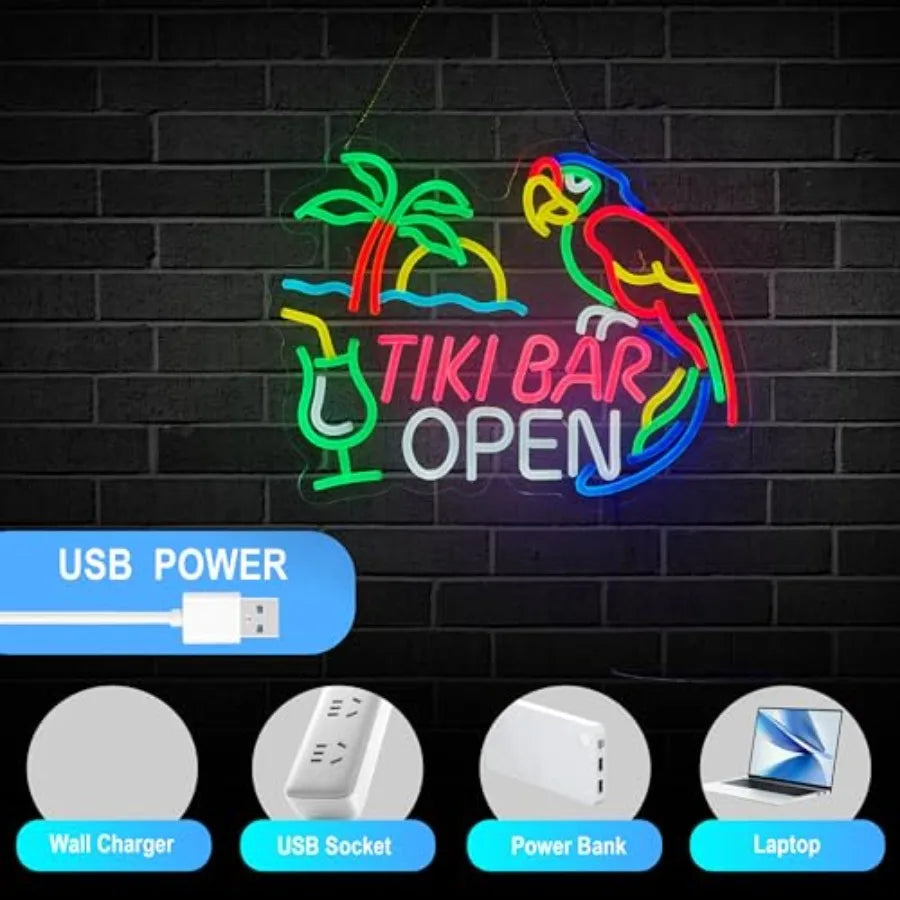 Tiki Bar Open Neon Sign for Tiki Open Wall Décor with Dimmable Switch Hawaii Pool Beach Bar LED Neon Signs Art Decor Light