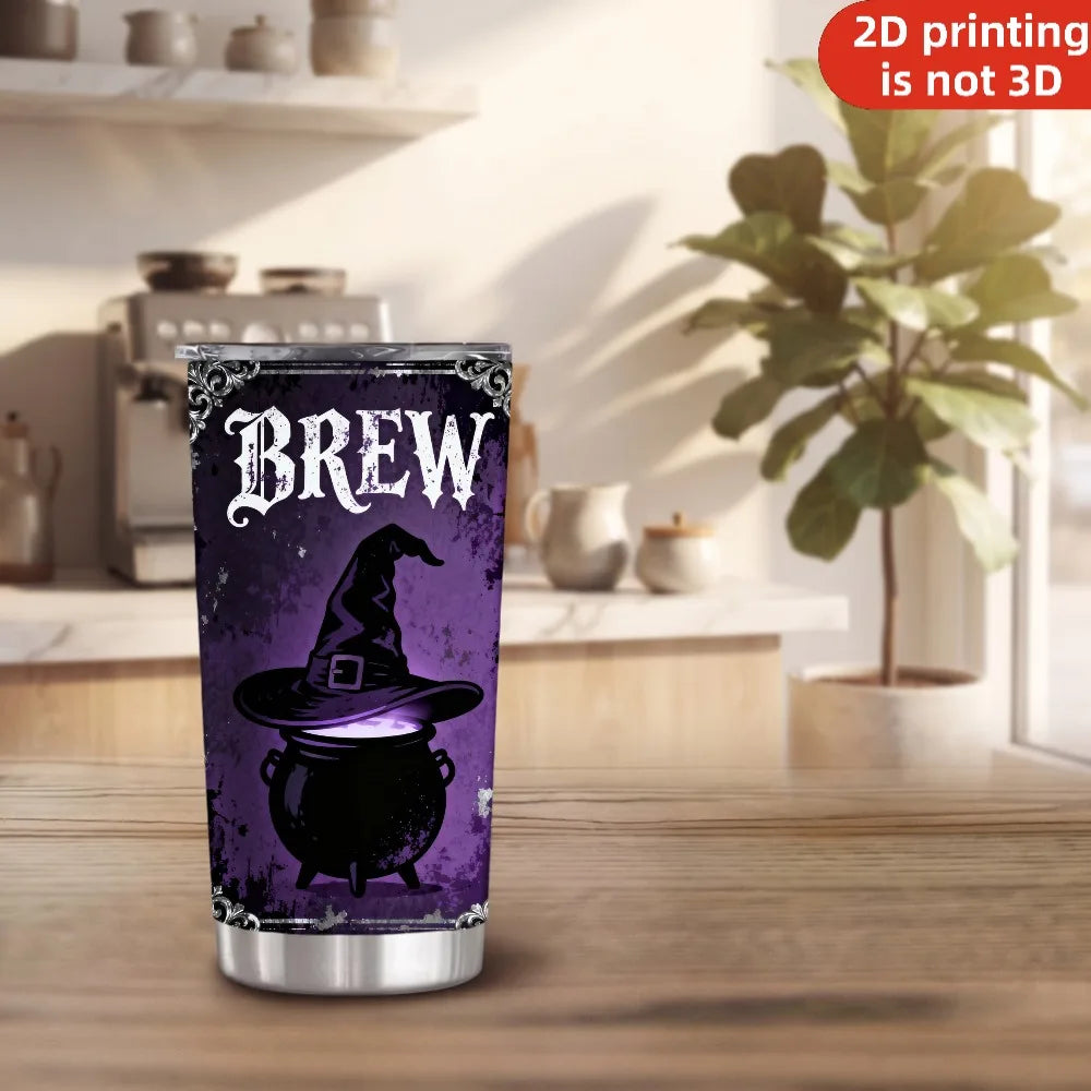 20oz Brew Quality Potions Printed Stainless Steel Tumbler with Lid and Straw, Gothic Purple Witch Cauldron Broomstick Halloween Witches Brew Vacuum Insulated Travel Coffee Mug Gifts