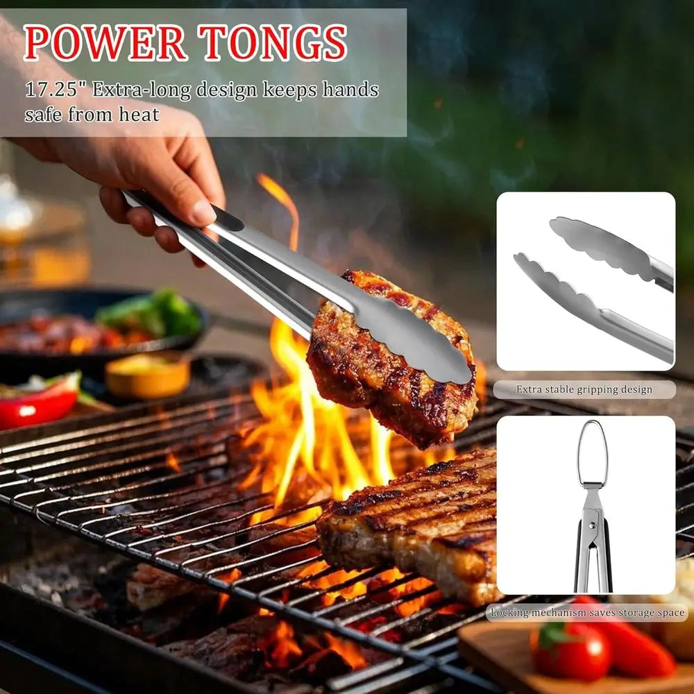 Premium 15-Piece BBQ Grilling Set with Tongs, Skewers, Stainless Steel Utensils, Hooks, and Storage Bag for Outdoor Cooking and