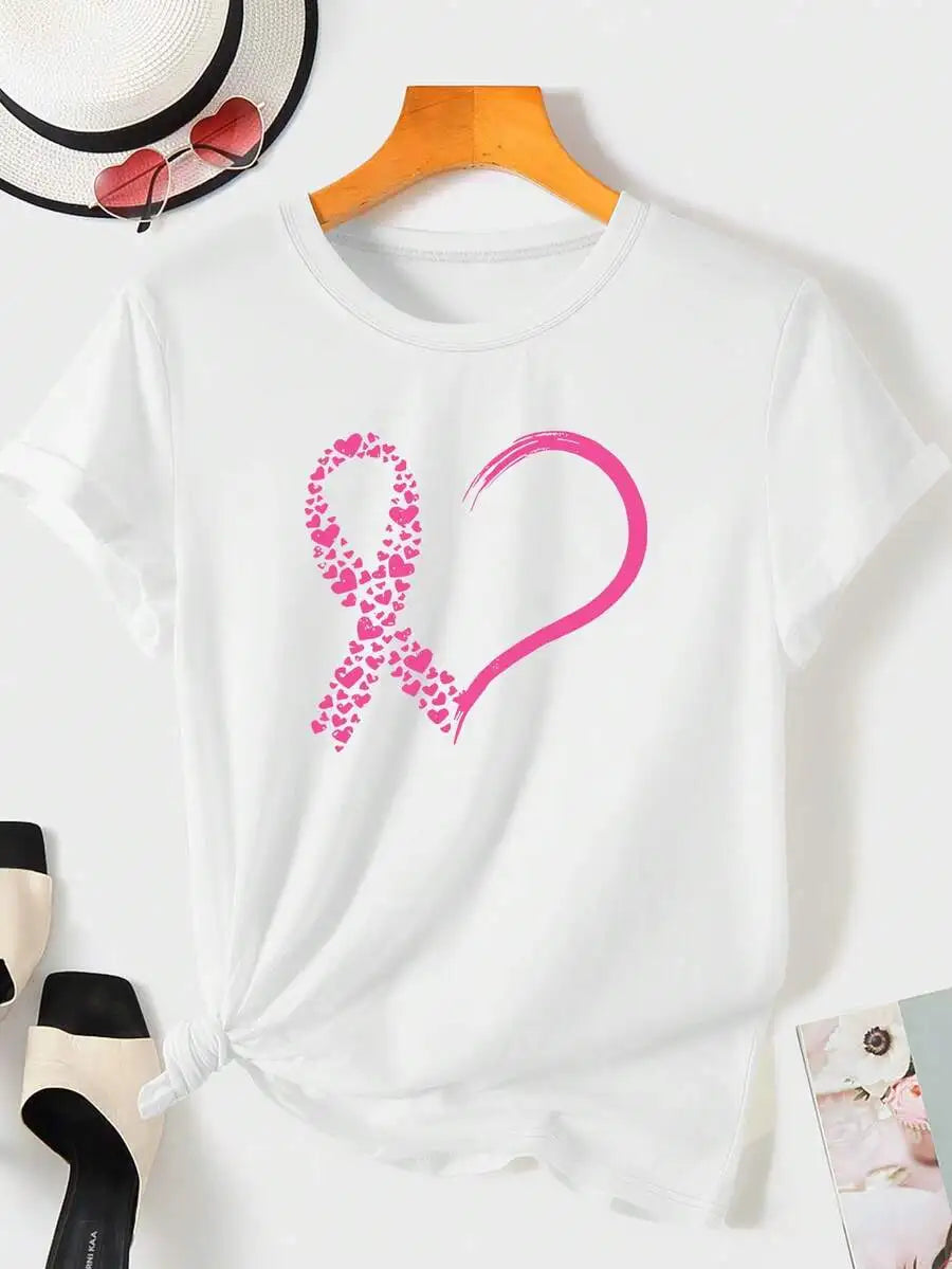 Pink Heart Ribbon Breast Cancer Awareness Graphic Print Women T-Shirt, Crew Neck Short Sleeve, Soft Washable, Casual Everyday Tops For Ladies