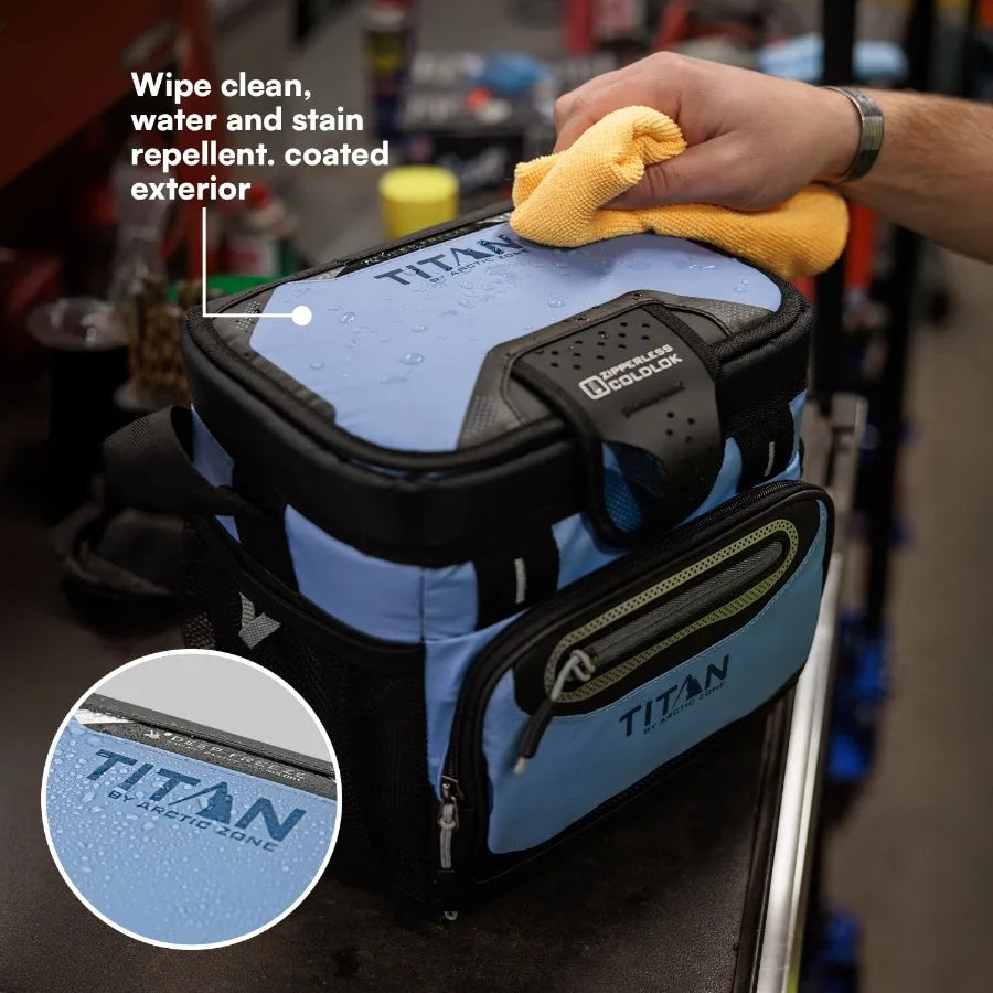 Zipperless soft cooler for outdoor use, 6-quart capacity, rainwash blue color, lightweight and leakproof design