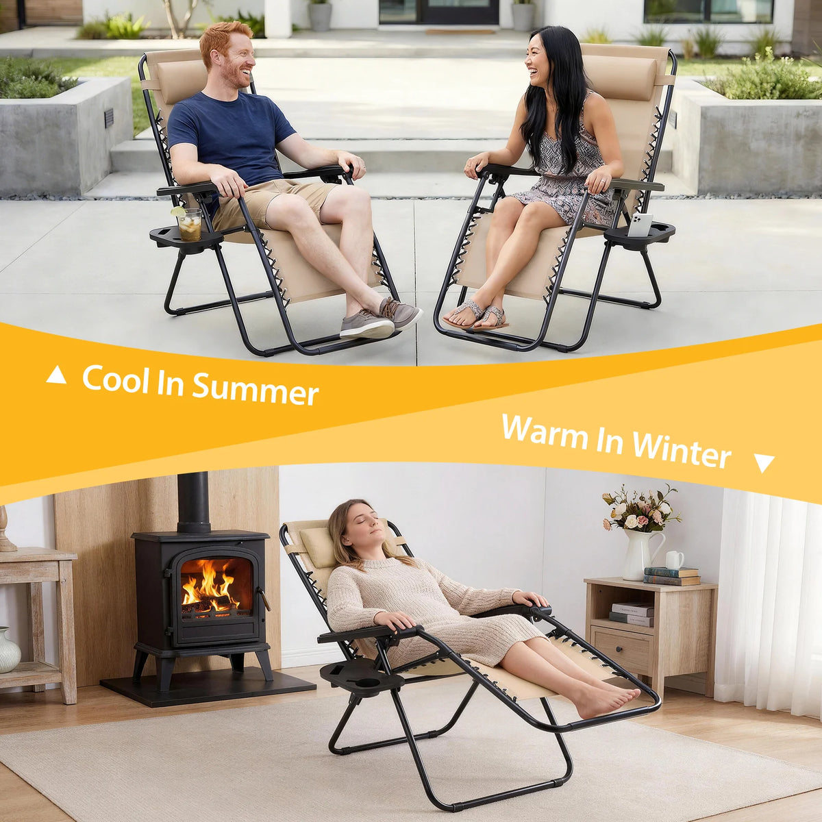 Portable Zero Gravity Recliner Chairs Set of 2 Outdoor Garden Folding Lounge Chair with Cup Holder Trays Adjustable Pillow