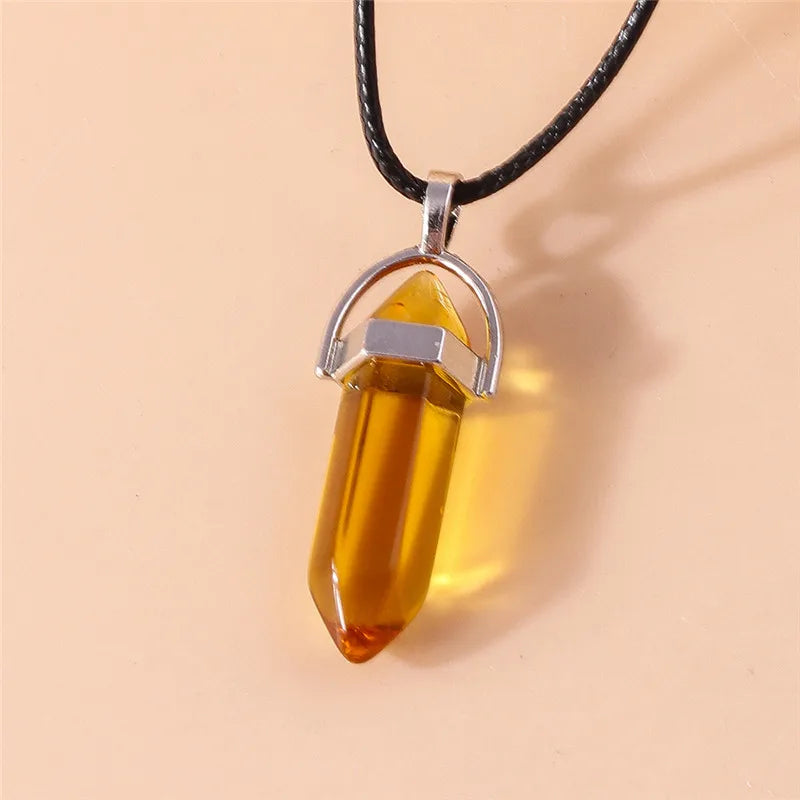 Stone Quartz Gem, Pink Crystal Stone Hexagonal Column Pendant, Necklaces, Leather Chain Bullet Necklace