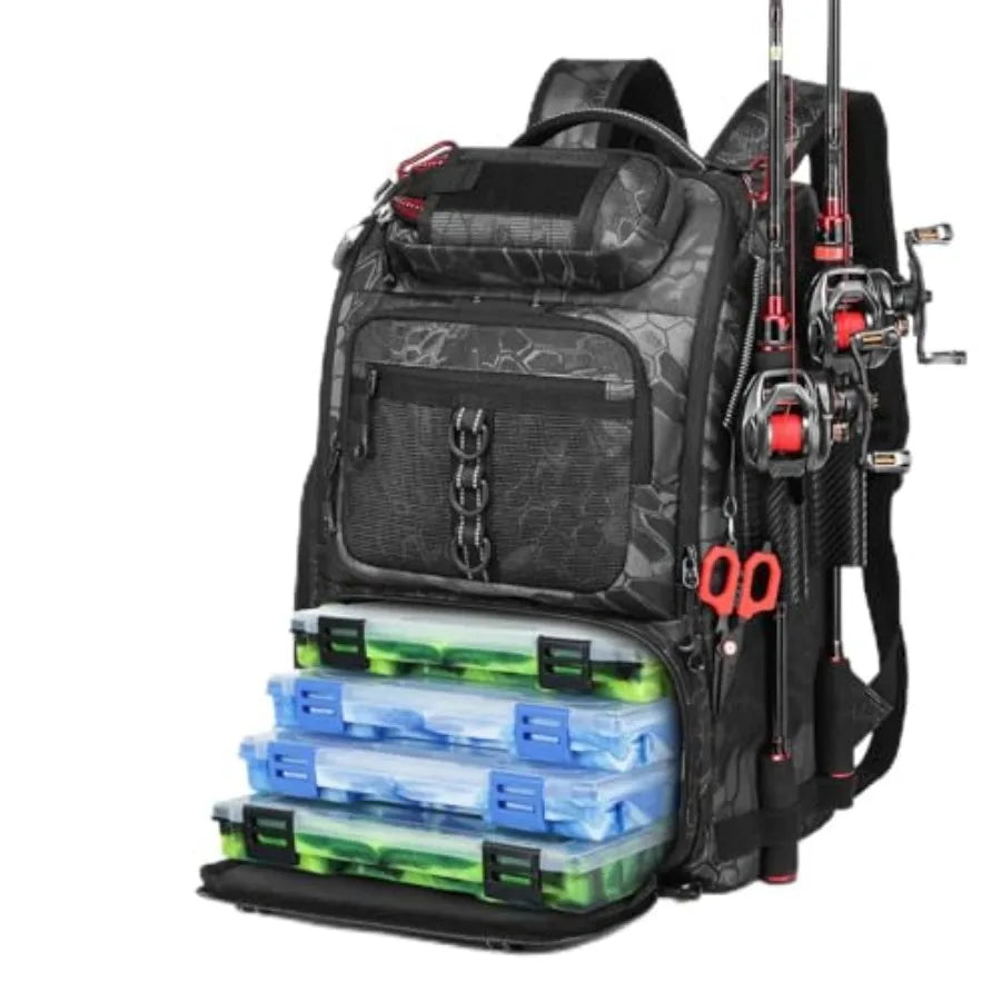 Fishing Tackle Backpack, Tackle Bags with 2 Rod Holders, Water-Resistant Tackle Bag Storage Bag for Fishing Gear Black