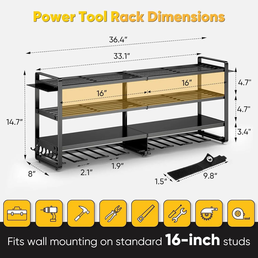 Heavy Duty Power Tool Organizer Wall Mount, 4-Layer Metal Shelf Holds 400 lbs, 8 Cordless Drill Holder for Garage Workshop