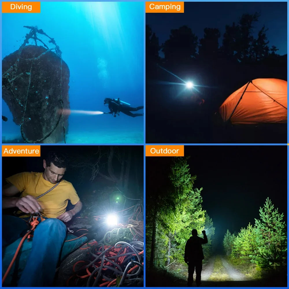 3200lm Diving Flashlight, LED Light Rechargeable, Underwater Deep Scuba Dive, Powerful Under 100M