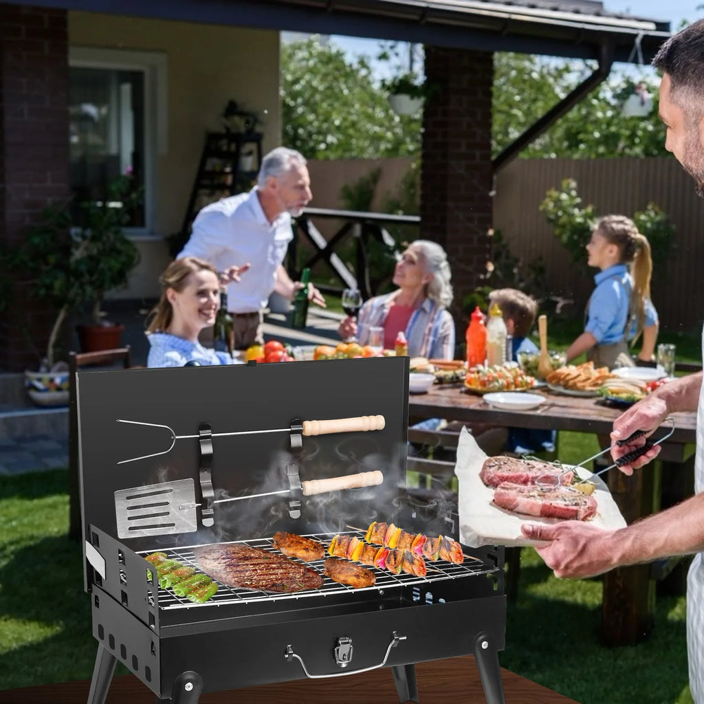 Portable Charcoal BBQ Grill, Folding Desktop Barbecue, Camping, Picnic, 3-Level Adjustable - Fast Shipping