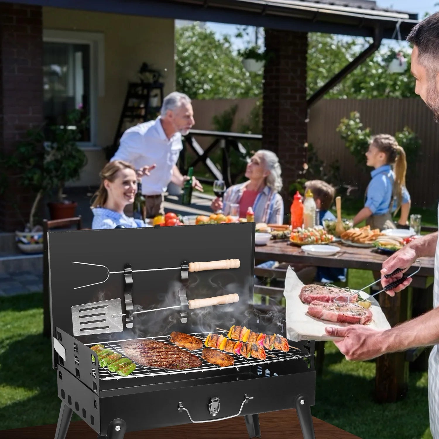 Portable Charcoal BBQ Grill, Folding Desktop Barbecue, Camping, Picnic, 3-Level Adjustable - Fast Shipping