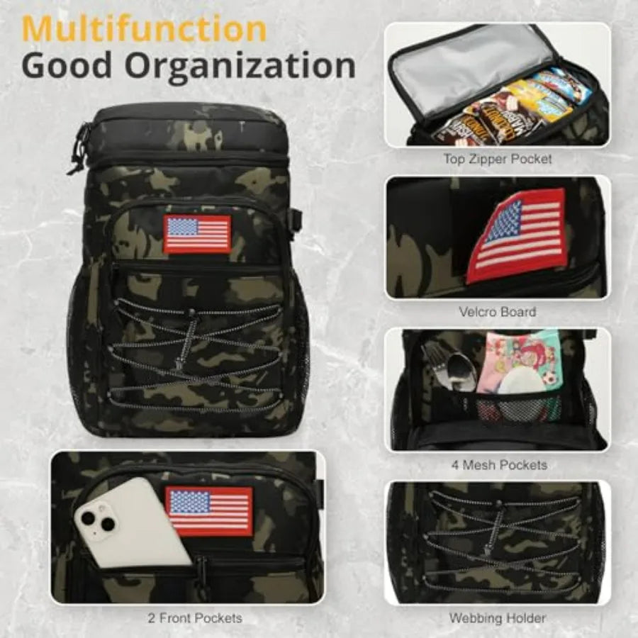 Outdoor tactical backpack cooler, 25L insulated storage with leakage-proof design, black nylon fabric, long-hours temperature r