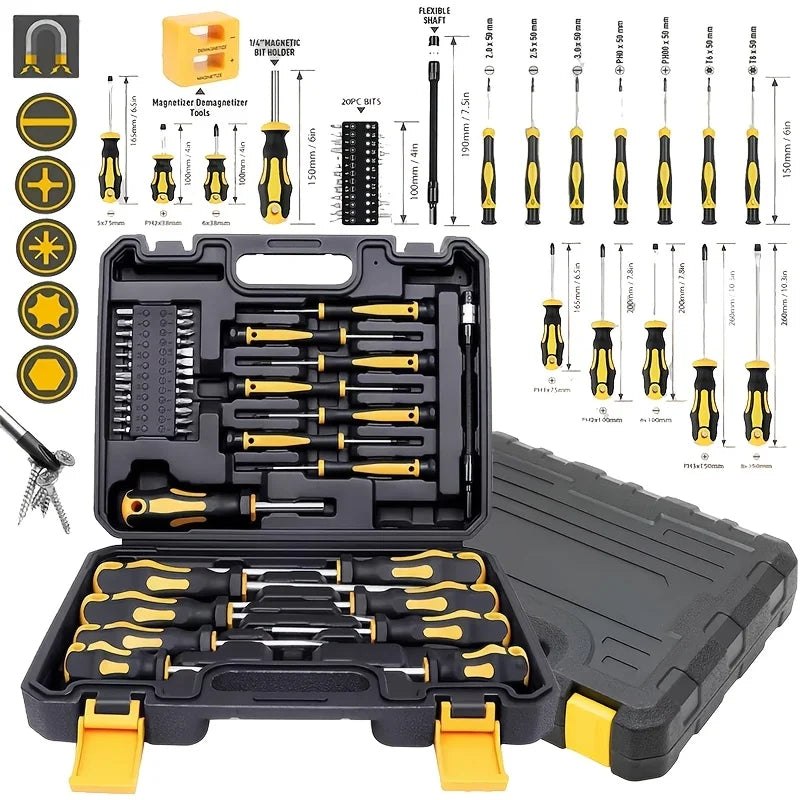 43-piece Magnetic Screwdriver Set, featuring magnetized and demagnetizing tools — including interchangeable screwdriver bits, ergonomic handles, and a magnetic base — designed for manual tools used in automotive and elect