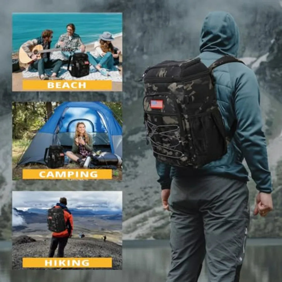Outdoor tactical backpack cooler, 25L insulated storage with leakage-proof design, black nylon fabric, long-hours temperature r