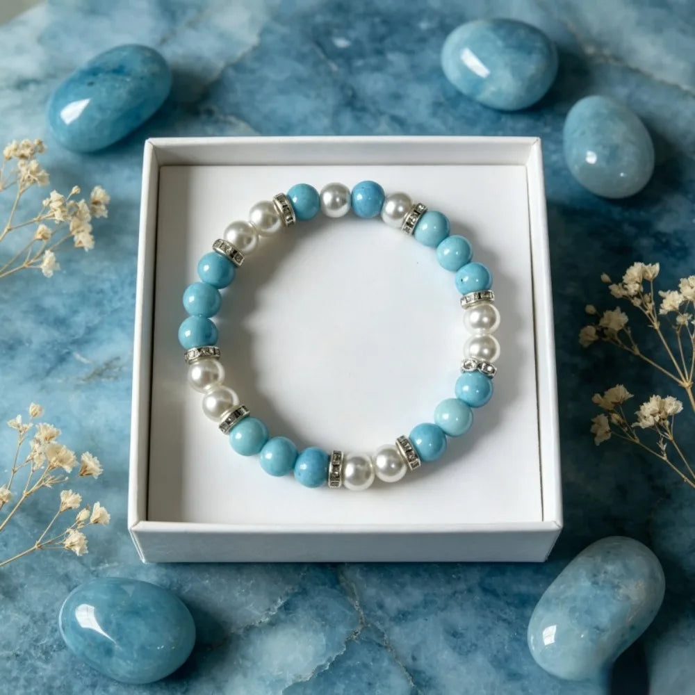 1pc Fresh Turquoise & White Pearl Color Block Beaded Bracelet, Simple Marble Texture Handcrafted Design, Bohemian Style, Attracts Wealth & Prosperity, Promotes Career Growth, Suitable for Daily Wear, Unisex, Perfect Gift for