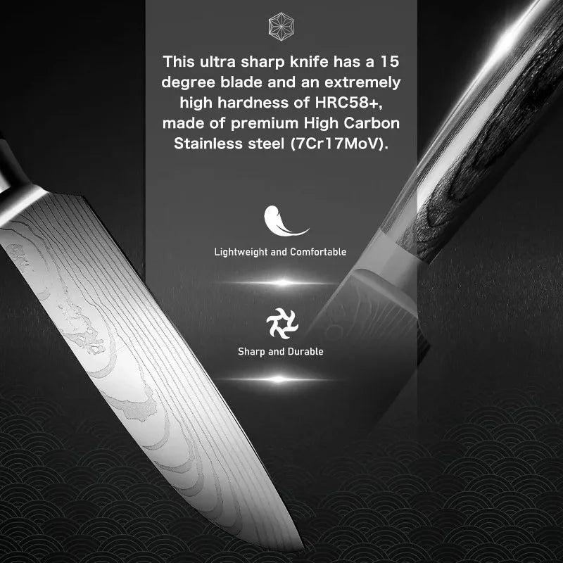 5-Piece Kitchen Knife Set Damascus Pattern Stainless Steel Chef Knives with Pakkawood Handle
