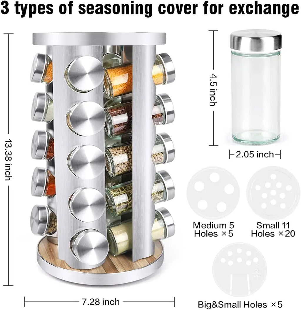 20-Piece Spice Rack Organizer with Jars, 360° Rotating Stainless Steel & Wooden Tower for Kitchen Cabinet Countertop