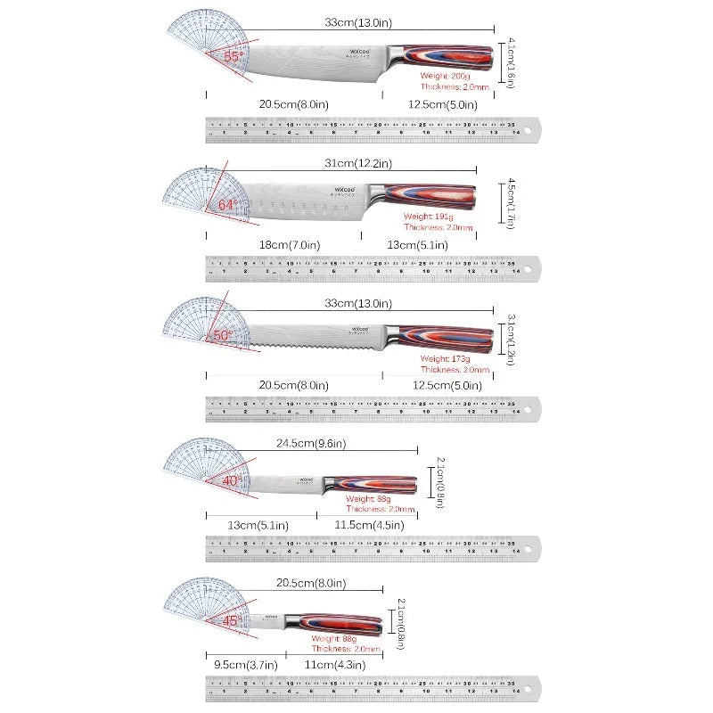 Kitchen Accessories 7PCS Professional Stainless Steel Knife Set with Sharpening Rod Wooden Holder