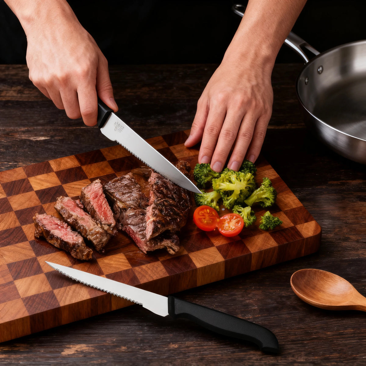 6Pcs Serrated Steak Knife Set Stainless Steel Sharp Table Knives Black Ergonomic Handle Dinner Cutlery For Home Restaurant BBQ Meat Cutting Kitchen Tool