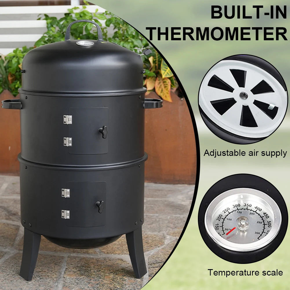 Vertical Charcoal Smoker with Built-in Thermometer Round BBQ Grill 2 Access Doors for Parties Camping Outdoor Cooking