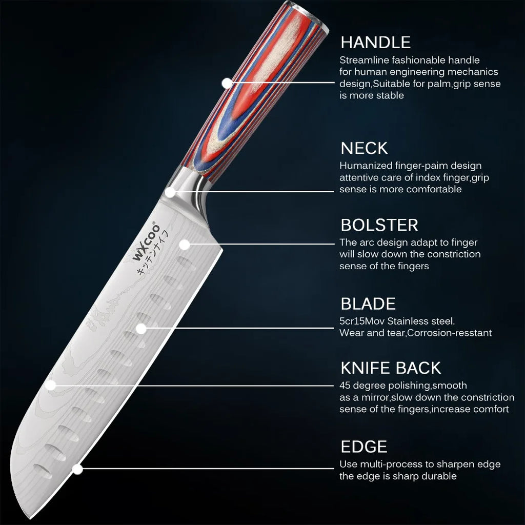 Kitchen Accessories 7PCS Professional Stainless Steel Knife Set with Sharpening Rod Wooden Holder