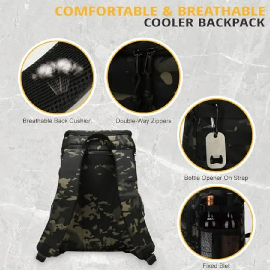 Outdoor tactical backpack cooler, 25L insulated storage with leakage-proof design, black nylon fabric, long-hours temperature r
