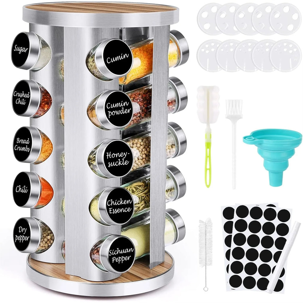 20-Piece Spice Rack Organizer with Jars, 360° Rotating Stainless Steel & Wooden Tower for Kitchen Cabinet Countertop