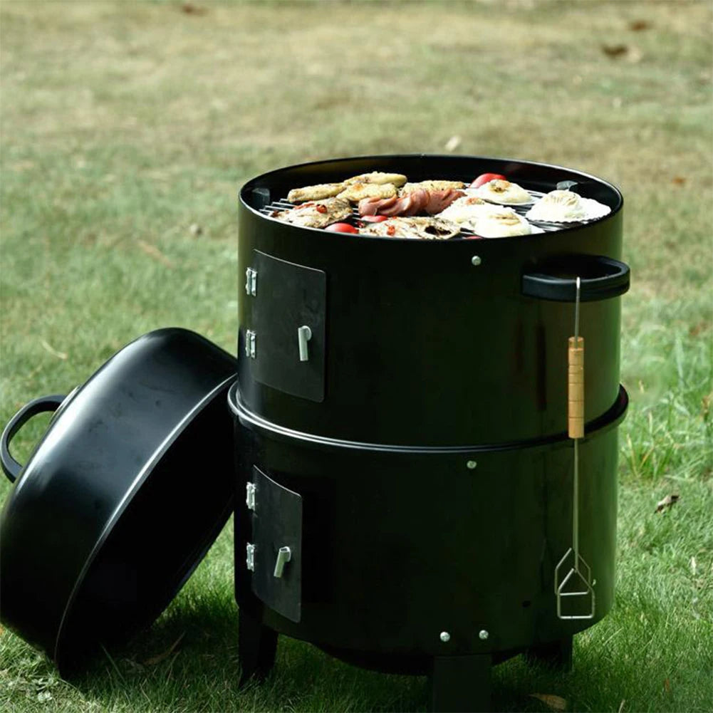 Vertical Charcoal Smoker with Built-in Thermometer Round BBQ Grill 2 Access Doors for Parties Camping Outdoor Cooking