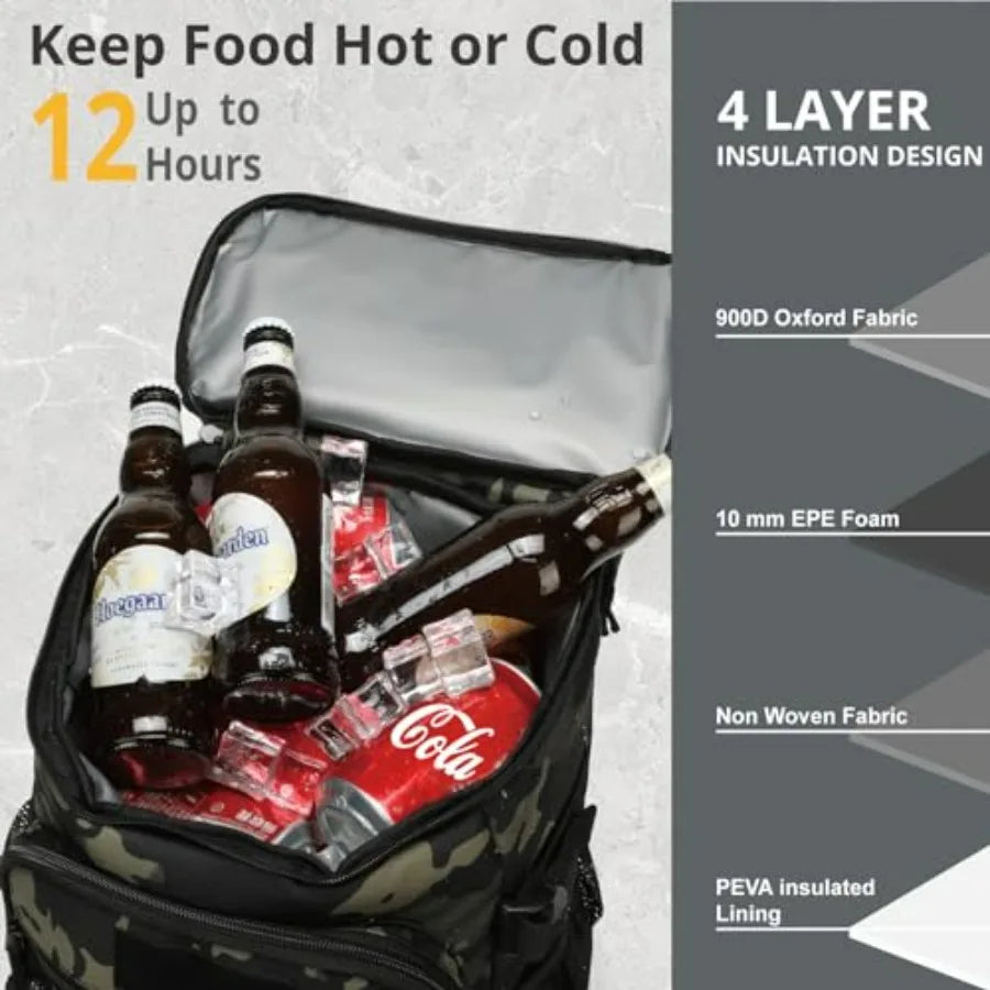 Outdoor tactical backpack cooler, 25L insulated storage with leakage-proof design, black nylon fabric, long-hours temperature r
