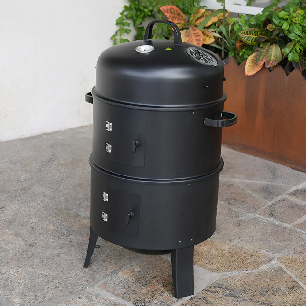 Vertical Charcoal Smoker with Built-in Thermometer Round BBQ Grill 2 Access Doors for Parties Camping Outdoor Cooking